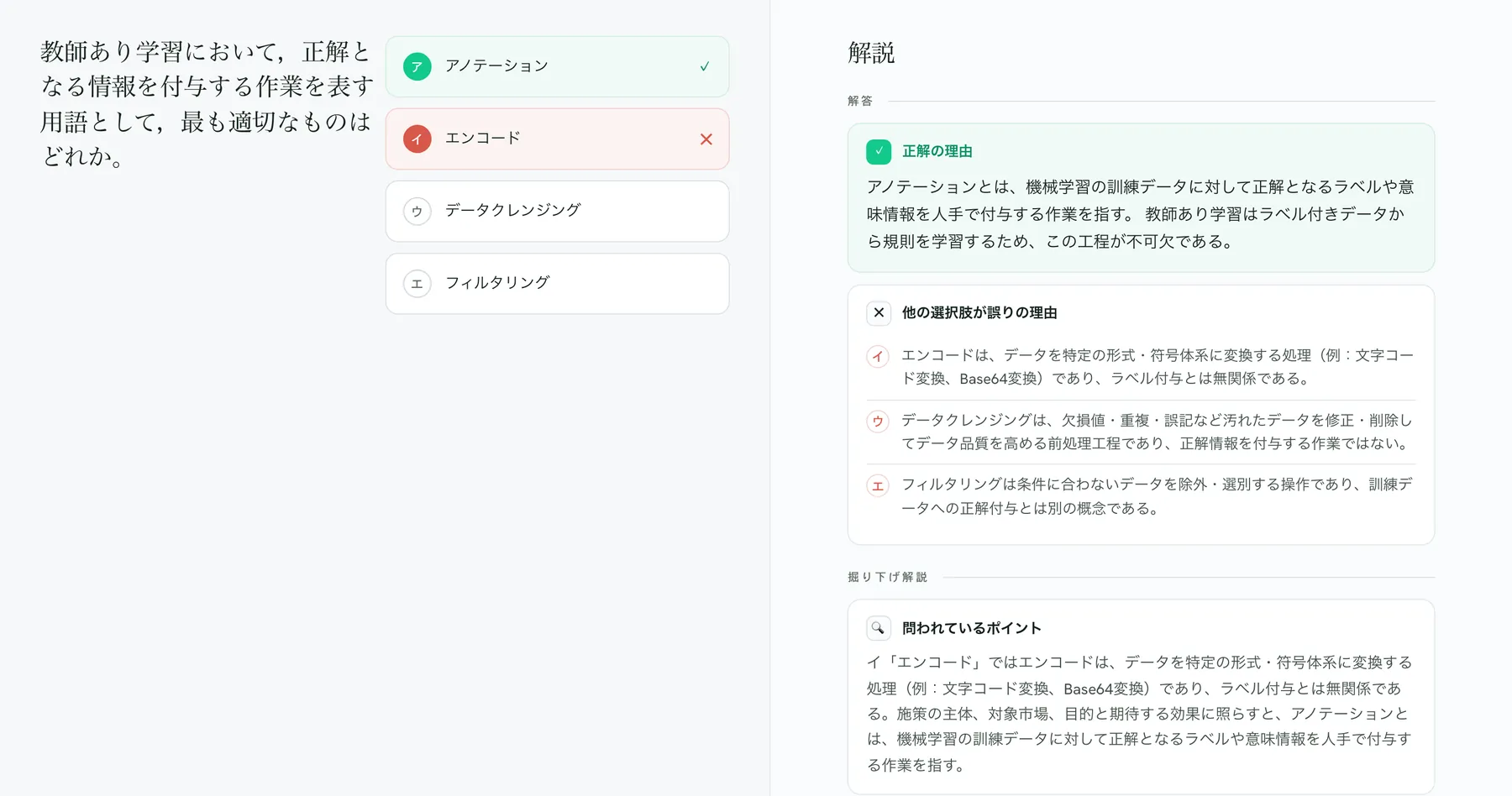 解答直後の画面：左に問題と選択肢、右に「正解の理由」「他の選択肢が誤りの理由」「掘り下げ解説」